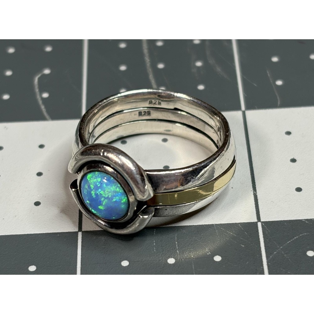 Vintage Sterling Silver 2 Pc Round Opal Ring & Guard Modernist Deco Size: 9 - Picture 2 of 9